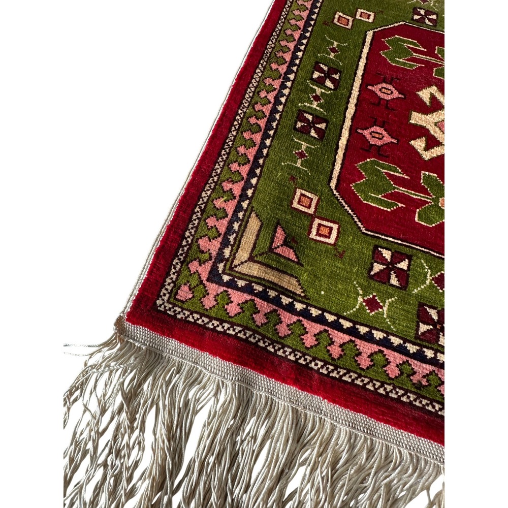 Vintage Miniature Mini Kilim Turkish Rug Decor Green Red 12x19 Silk Wool KC - Picture 3 of 10